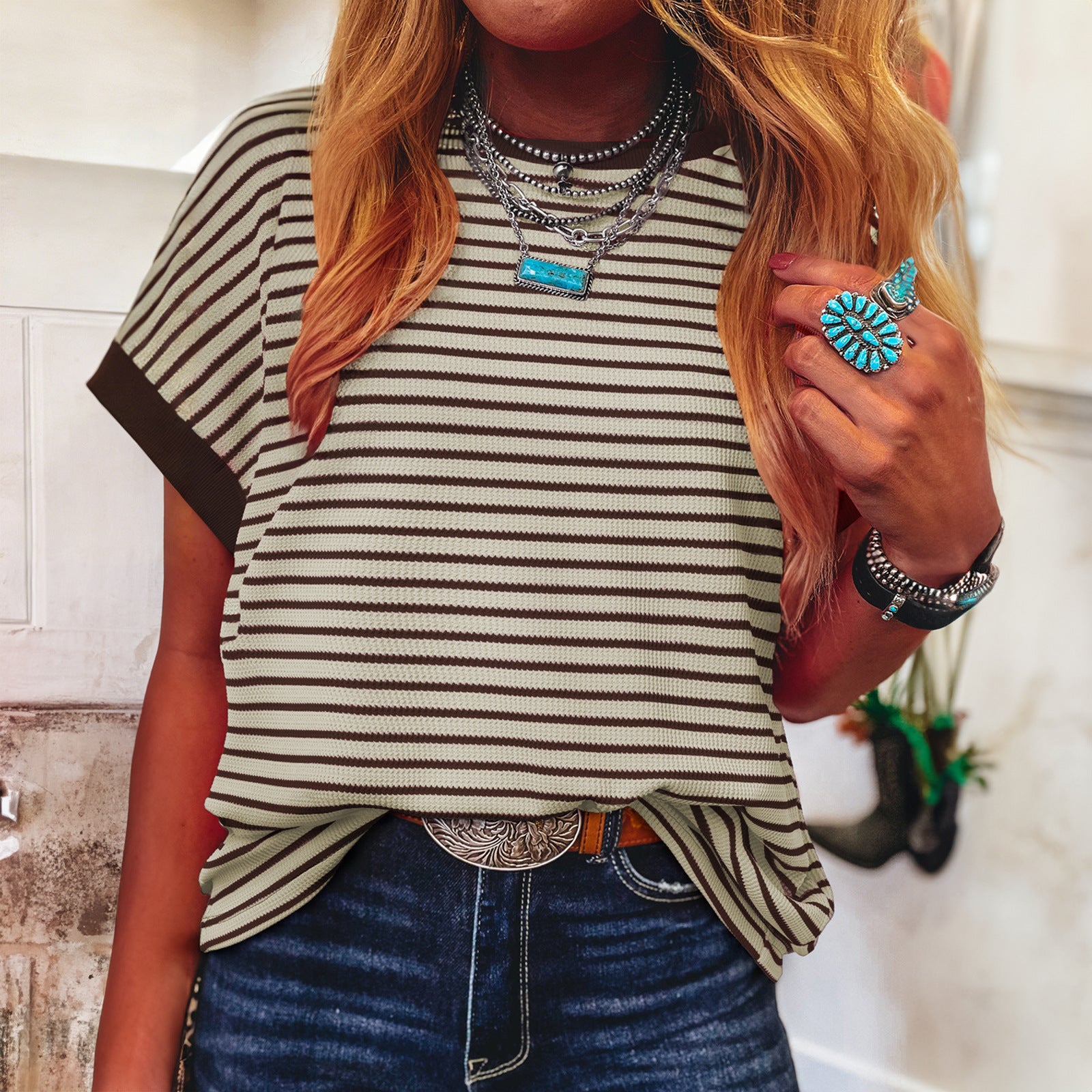 Casual striped color-blocked loose high-elastic short-sleeved shirt