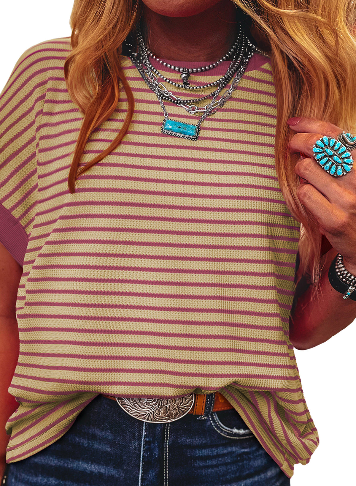 Casual striped color-blocked loose high-elastic short-sleeved shirt