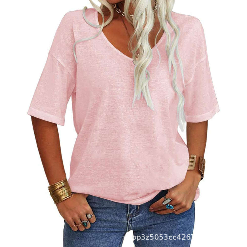 Women's T-shirt, V-neck, short-sleeved, loose-fitting shirt