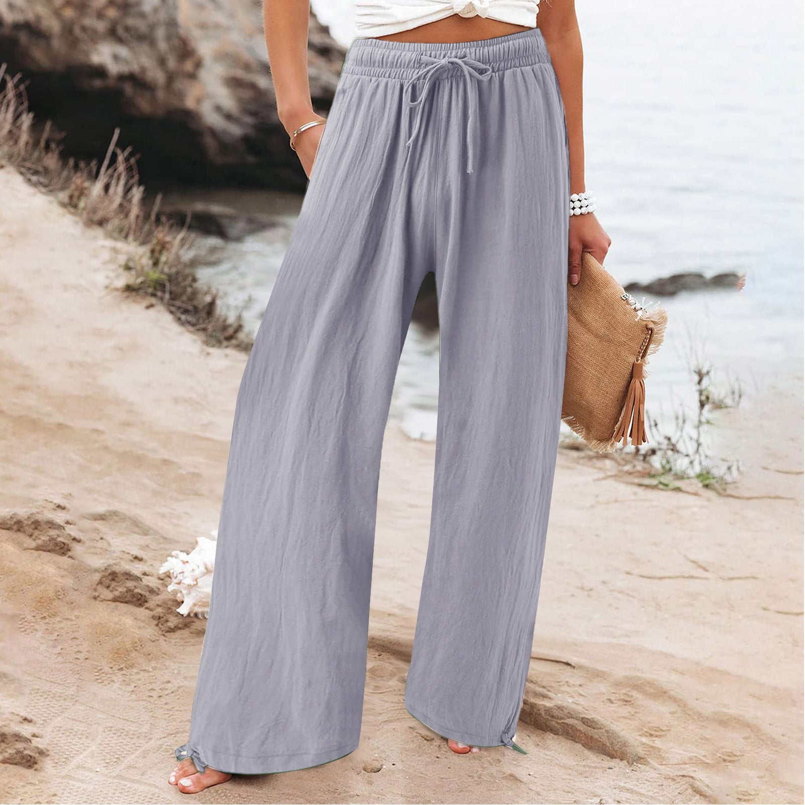 Elastic waist casual solid color wide-leg trousers