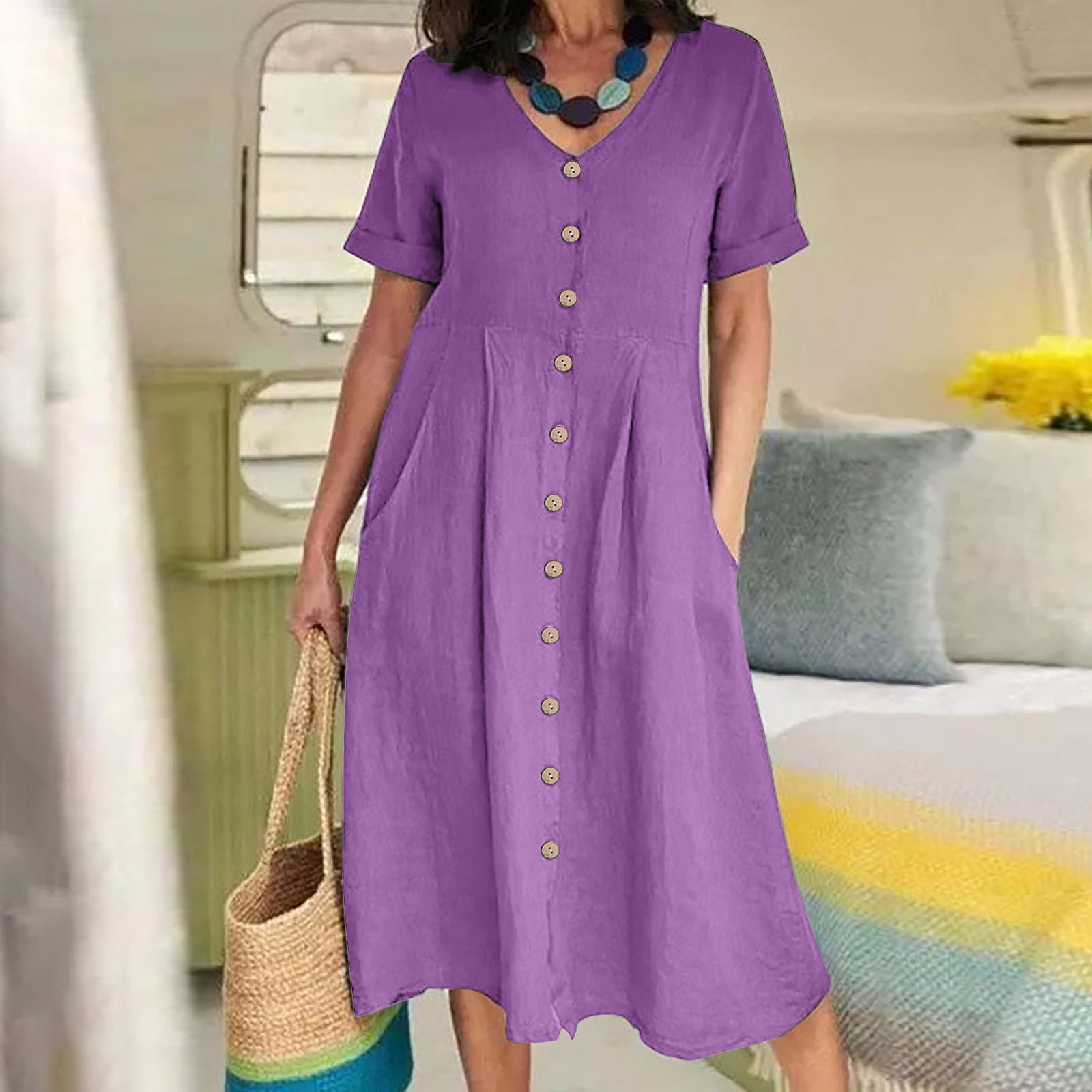 New solid color loose high-waisted cotton linen dress