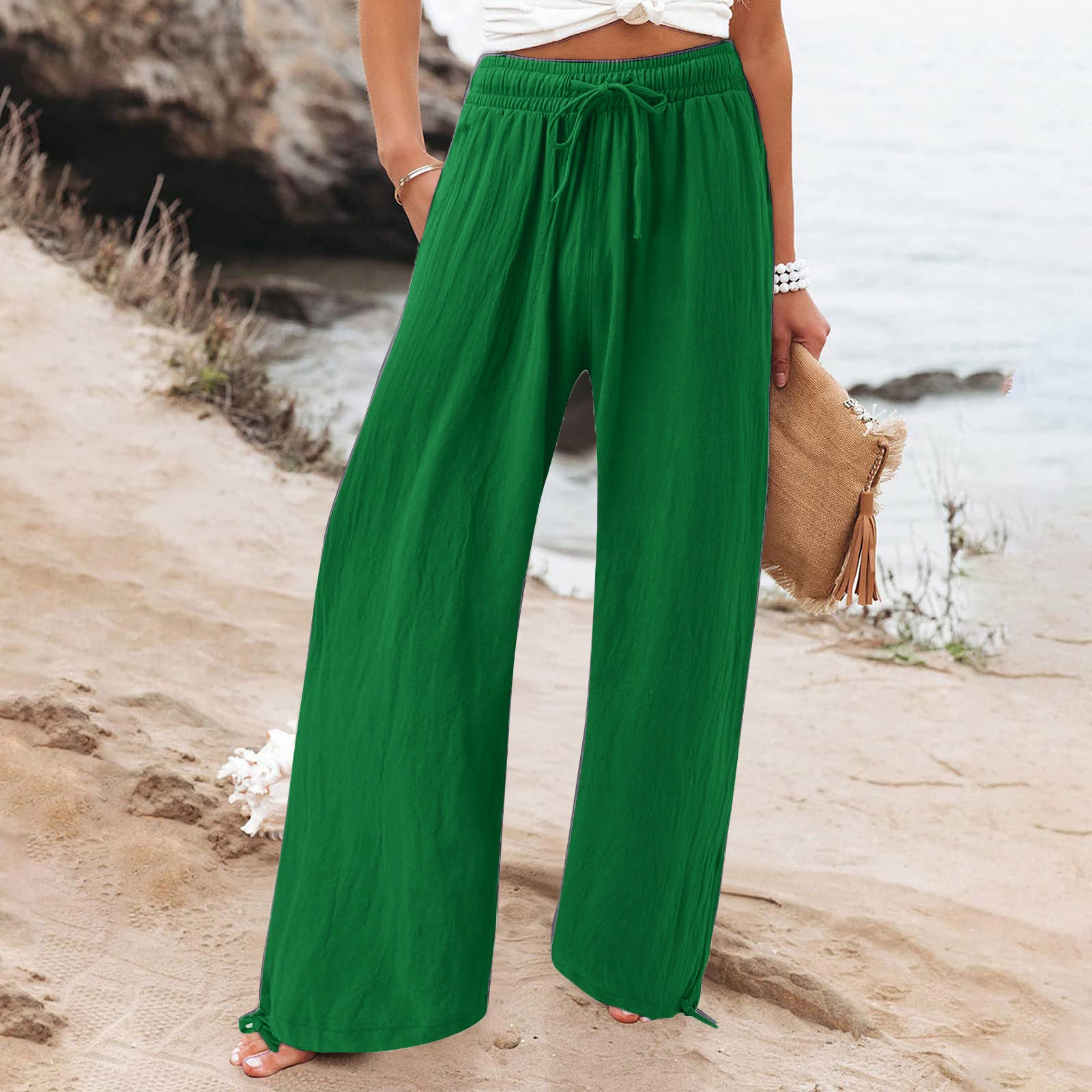 Elastic waist casual solid color wide-leg trousers