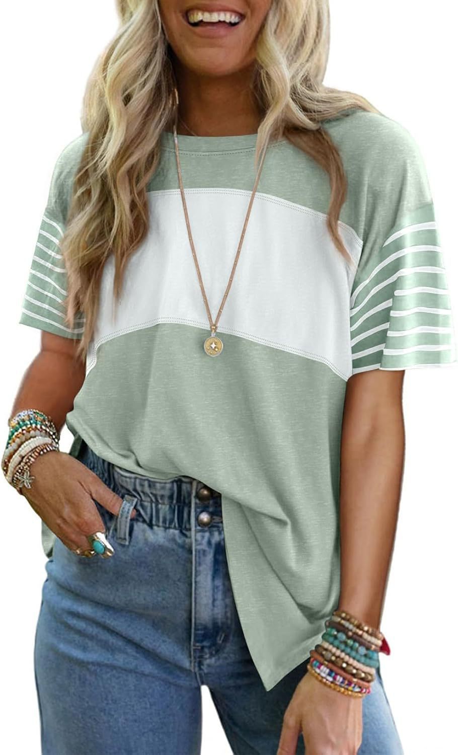 Casual striped color-blocked short-sleeved T-shirt