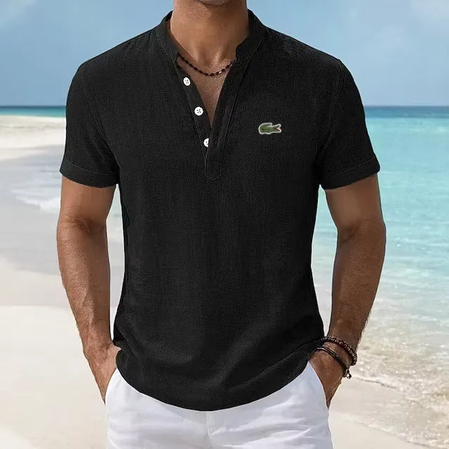 EasyWear Cotton-Linen Retro Stand Collar Polo
